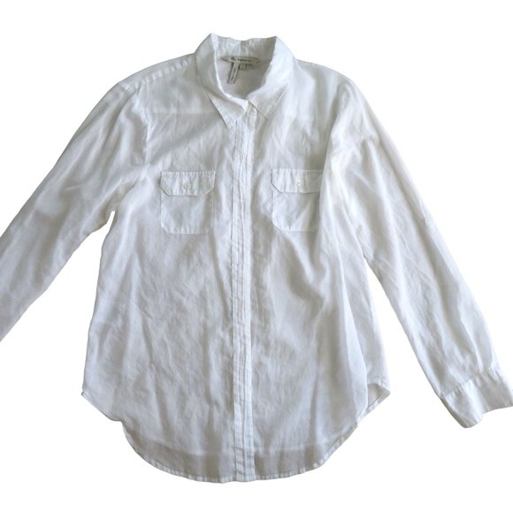 BCBG Sheer White Cotton Blouse Large Button Up Roll Tab Long Sleeves - Picture 3 of 9